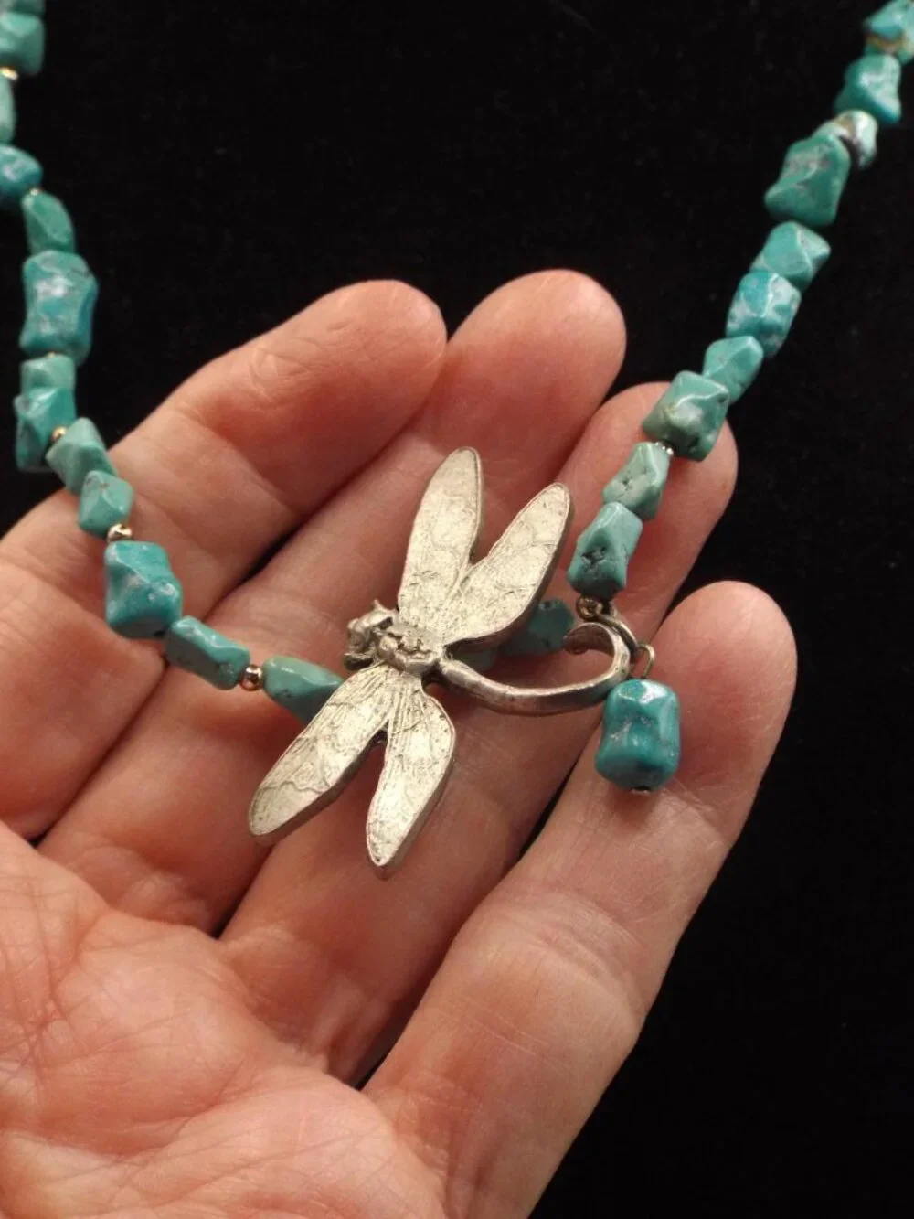 COUSIN CLAUDINE KINGSTON TURQUOISE W/ SILVERY DRAGONFLY NECKLACE 51